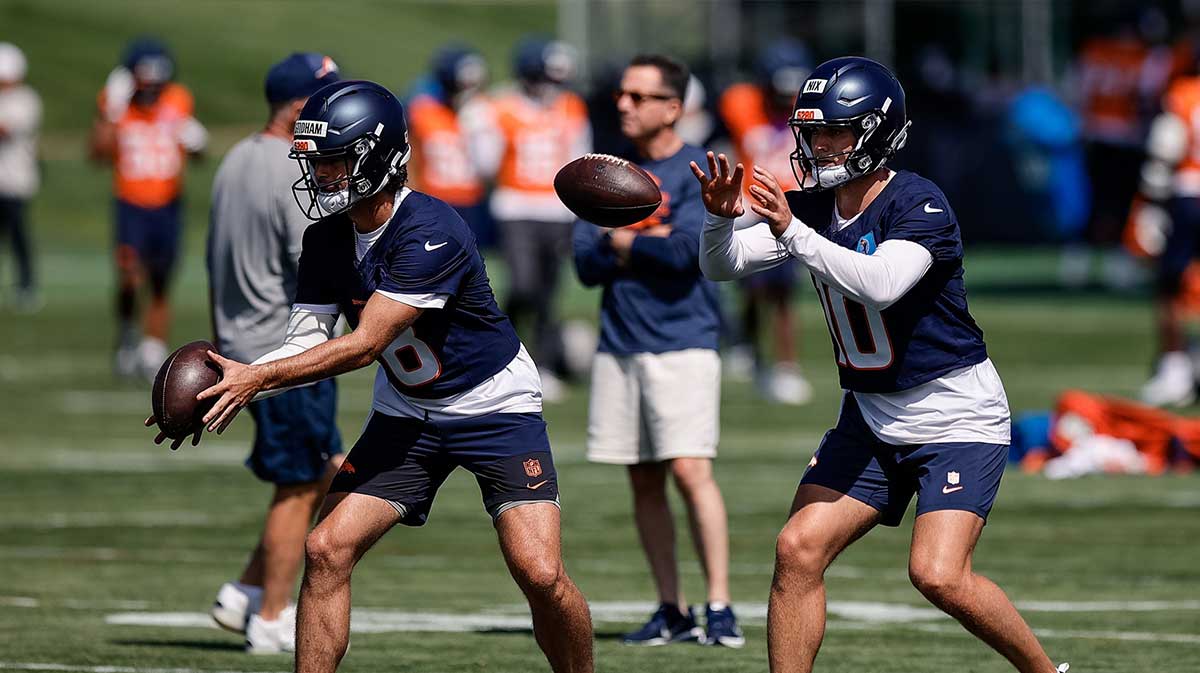 Denver Broncos quarterback Bo Nix (10) and quarterback Jarrett Stidham (8) during Denver Broncos Training Camp. 