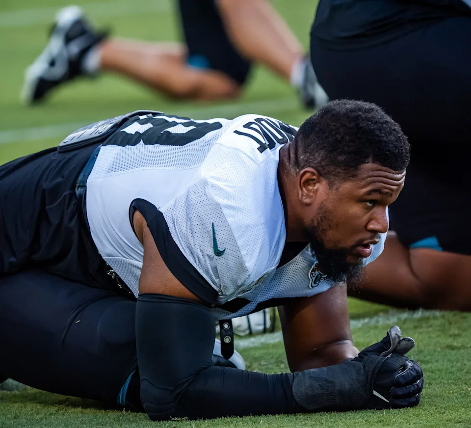 Jacksonville Jaguars Dawuane Smoot (58) before an NFL scrimmage at EverBank Stadium Friday August 1, 2025, in Jacksonville, Fla. [Doug Engle/Florida Times-Union]