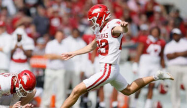 Former Arkansas kicker Cam Little kicks would be record-setting 70-yard field goal