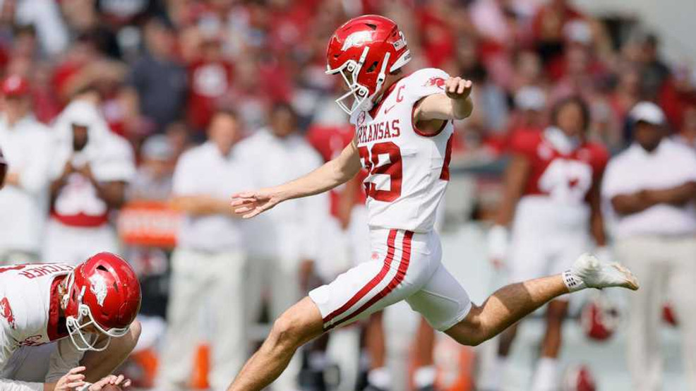 Former Arkansas kicker Cam Little kicks would be record-setting 70-yard field goal