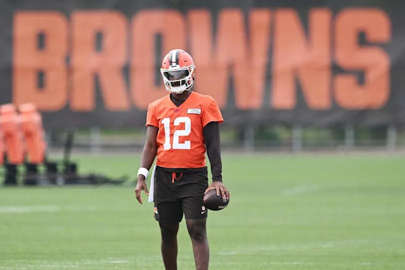 Cleveland Browns rookie quarterback Shedeur Sanders (12) during a June 2025 minicamp at CrossCountry Mortgage Campus in Berea, Ohio. Due to several injuries, Sanders will start for Cleveland against Carolina Friday night. Mandatory Credit: Ken Blaze-Imagn Images