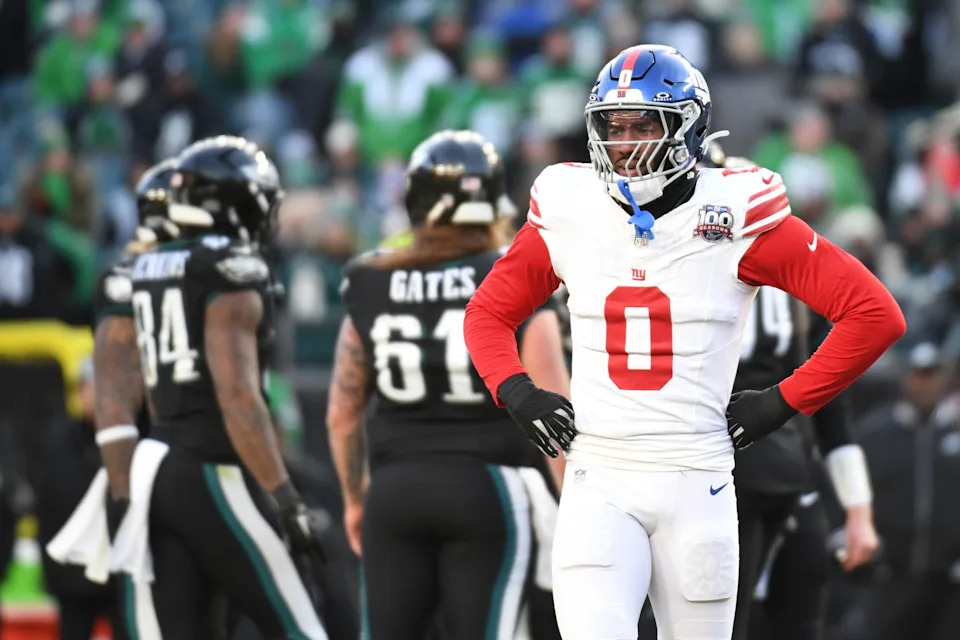 Jan 5, 2025; Philadelphia, Pennsylvania, USA; New York Giants linebacker Brian Burns (0) reacts against the Philadelphia Eagles during the fourth quarter at Lincoln Financial Field. Mandatory Credit: Eric Hartline-Imagn Images