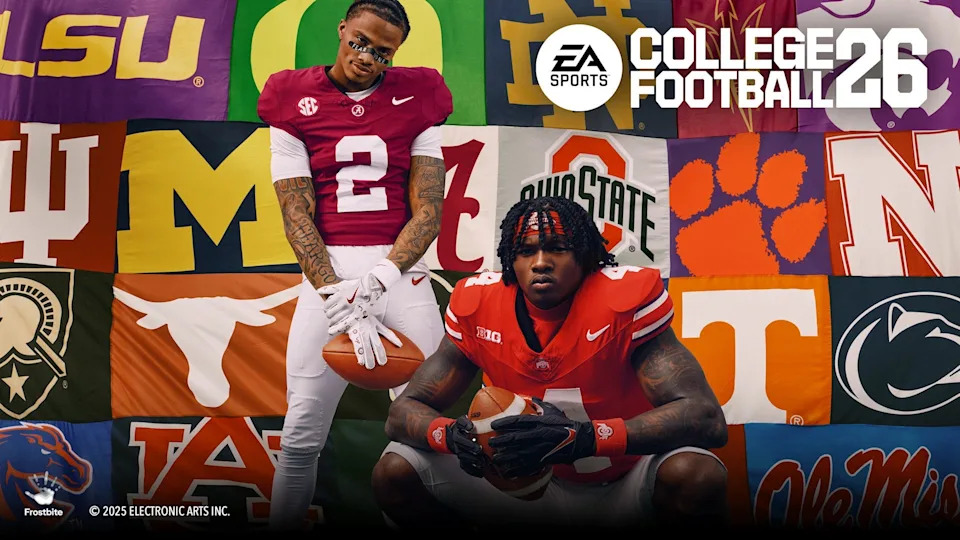 The home screen for EA Sports College Football 26, featuring Alabama receiver Ryan Williams and Ohio State receiver Jeremiah Smith.