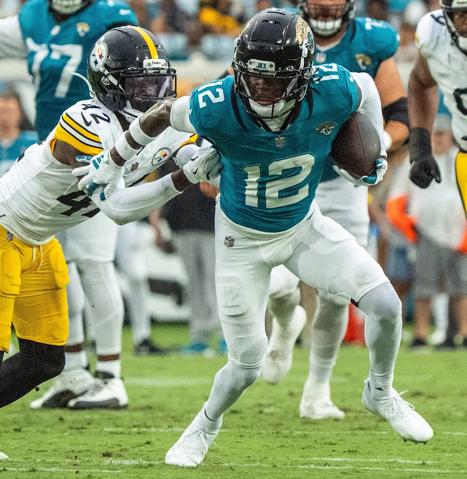 Jacksonville Jaguars wide receiver Travis Hunter (12) sheds Pittsburgh Steelers cornerback James Pierre (42) during the first half of the first preseason game where the Jacksonville Jaguars hosted the Pittsburgh Steelers Saturday Aug. 9, 2025, at EverBank Stadium in Jacksonville, Fla. [Doug Engle/Florida Times-Union]