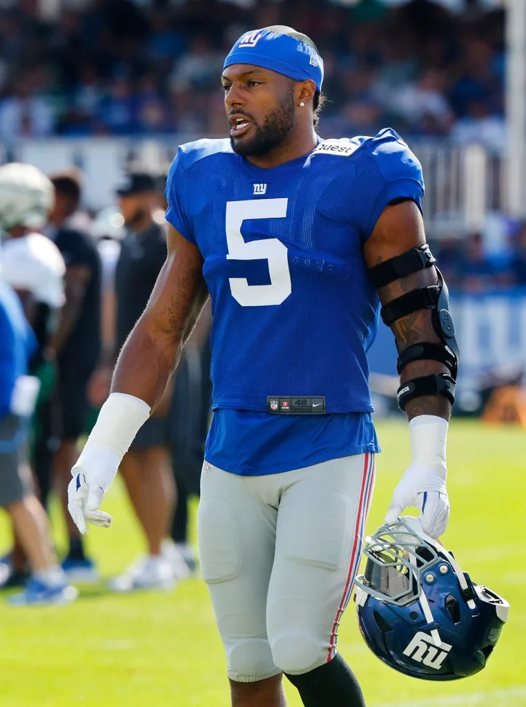 New York Giants linebacker Kayvon Thibodeaux (5) during joint practice, Wednesday, Aug. 13, 2025, in East Rutherford, N.J. Noah K. Murray-NY Post