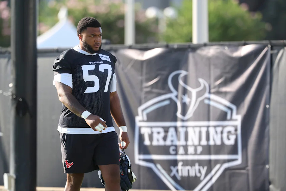 Jul 23, 2025; Houston, TX, USA; Houston Texans tackle Blake Fisher (57) during training camp at Houston Methodist Training Center. Mandatory Credit: Troy Taormina-Imagn Images