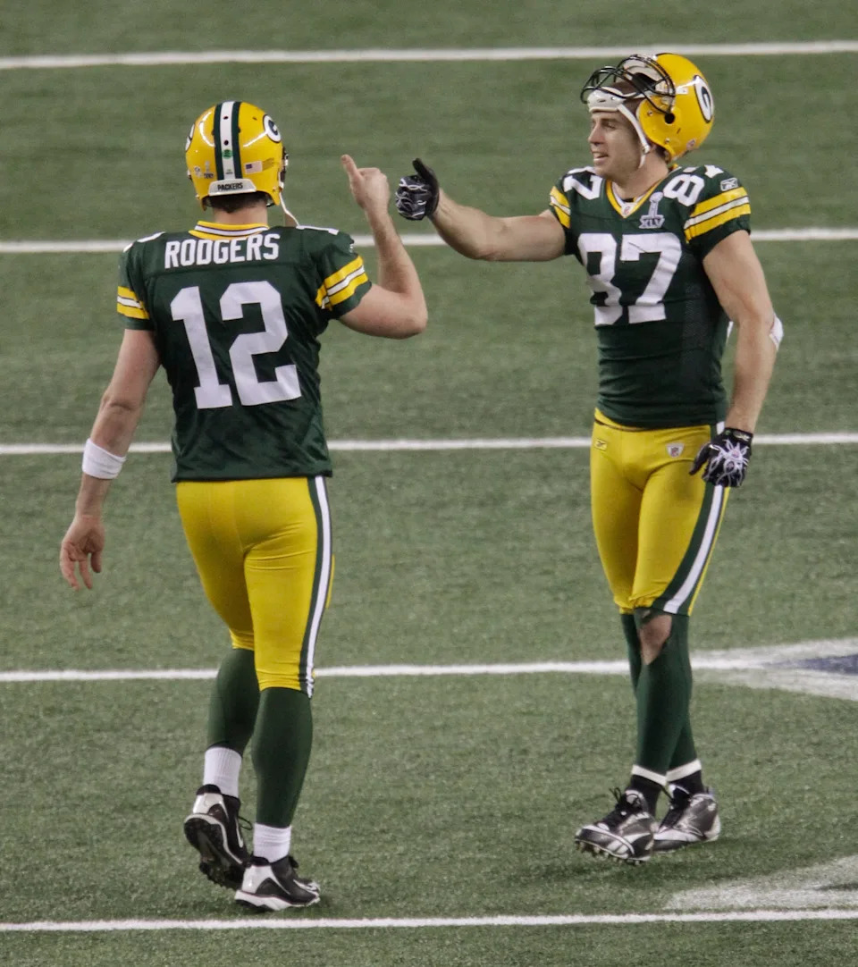 Green Bay Packers quarterback Aaron Rodgers and wide receiver Jordy Nelson celebrate at the end of the game after beating the Pittsburgh Steelers, 31-25, in Super Bowl XLV, in Arlington, Texas, on Sunday, Feb. 6, 2011.