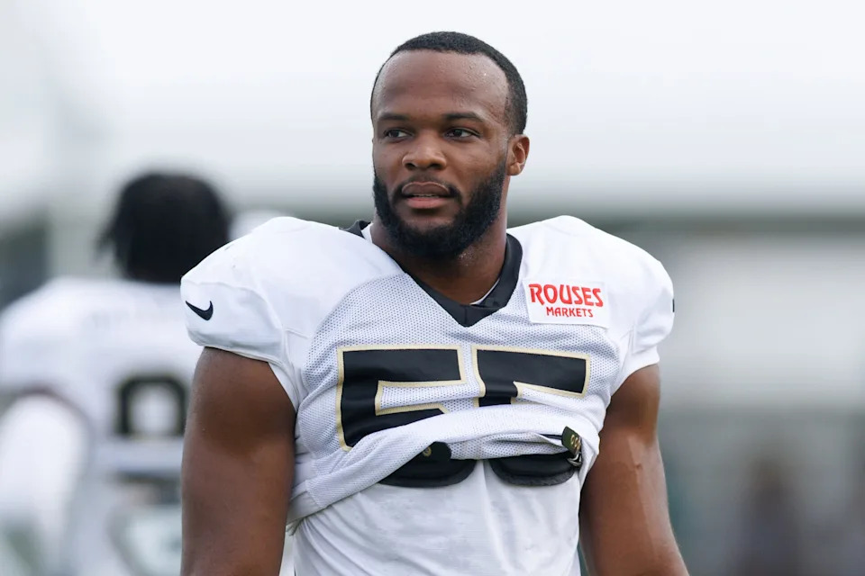 Jul 30, 2025; New Orleans, LA, USA; New Orleans Saints defensive end Isaiah Foskey (55) during training camp at Ochsner Sports Performance Center. Mandatory Credit: Stephen Lew-Imagn Images
