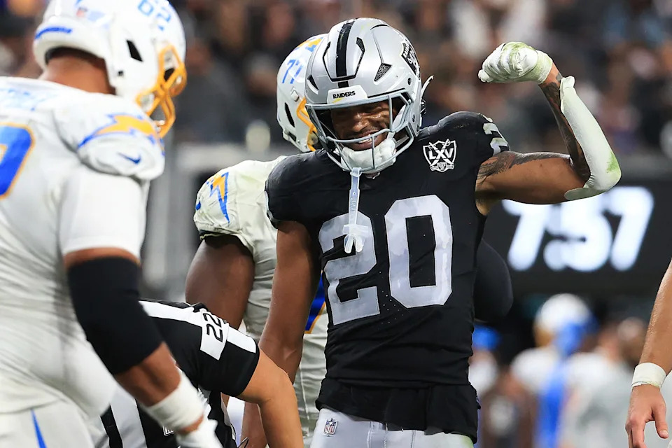 LAS VEGAS, NEVADA - JANUARY 05: Isaiah Pola-Mao #20 of the Las Vegas Raiders celebrates after a third down stop against the Los Angeles Chargers during the third quarter at Allegiant Stadium on January 05, 2025 in Las Vegas, Nevada. (Photo by Ian Maule/Getty Images)