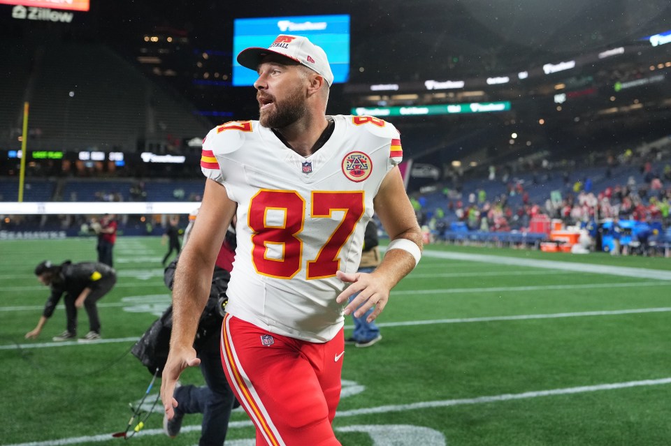 Travis Kelce #87 of the Kansas City Chiefs leaves the field.
