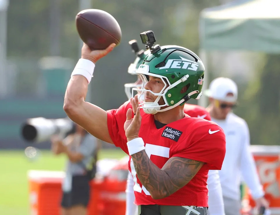 Backup quarterback Adrian Martinez throws a pass during Jets’ training camp practice on Aug. 7, 2025. Robert Sabo for NY Post
