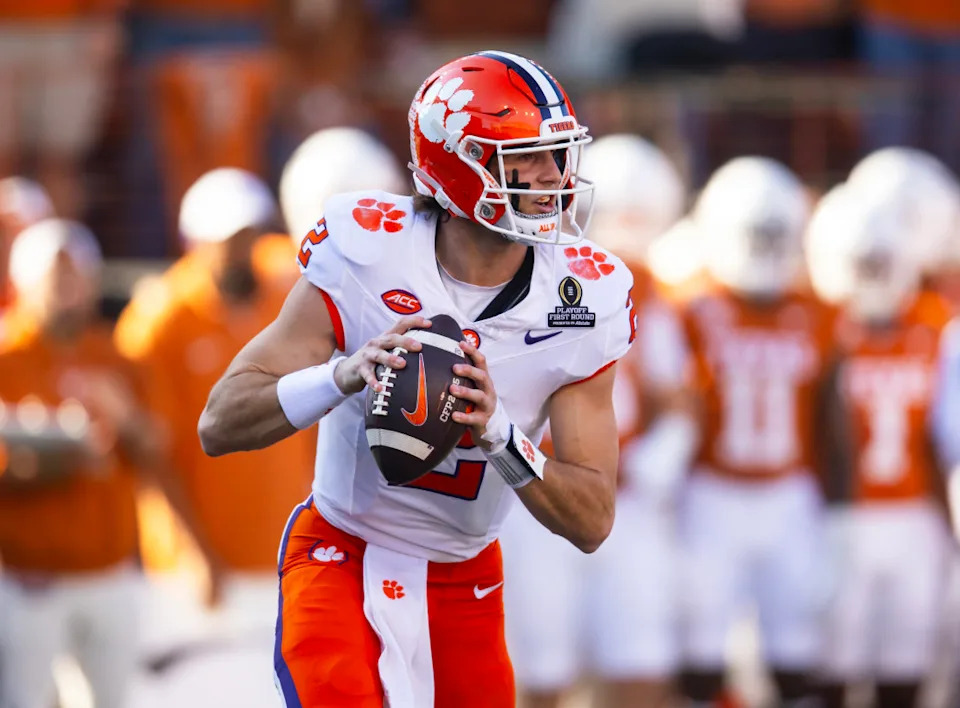 Dec 21, 2024; Austin, Texas, USA; Clemson Tigers quarterback Cade Klubnik (2) against the Texas Longhorns during the CFP National playoff first round at Darrell K Royal-Texas Memorial Stadium. © Mark J. Rebilas-Imagn Images