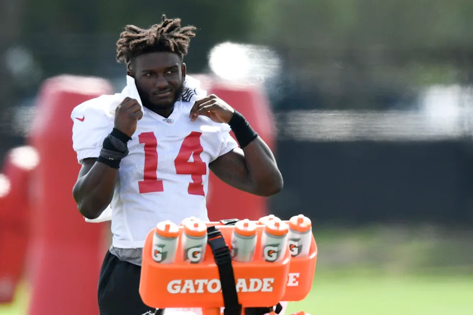 TAMPA, FLORIDA - SEPTEMBER 09: Chris Godwin #14 of the Tampa Bay Buccaneers looks on during training camp at AdventHealth Training Center on September 09, 2020 in Tampa, Florida. (Photo by Douglas P. DeFelice/Getty Images)Douglas P. DeFelice/Getty Images.