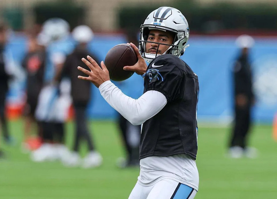 Panthers quarterback Bryce Young prepares to throw a pass during a joint practice with the Cleveland Browns at training camp in Charlotte Wednesday. Young will start and play a series or two on Friday night in the first game of the preseason, vs. the Browns.
