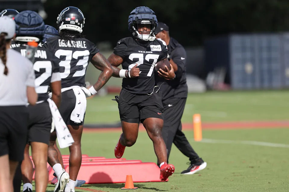 Jul 24, 2025; Houston, TX, USA; Houston Texans running back Woody Marks (27) during training camp at Houston Methodist Training Center. Mandatory Credit: Troy Taormina-Imagn Images