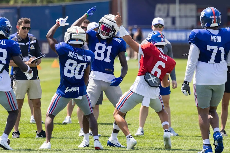 Giants receivers Montrell Washington (80) and Lil’Jordan Humphrey (81) and quarterback Jaxson Dart (6) celebrate a touchdown the team’s during training camp on July 29, 2025. Corey Sipkin for the NY POST