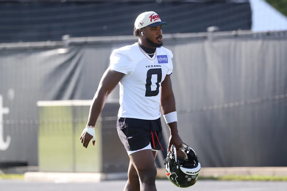 Jul 23, 2025; Houston, TX, USA; Houston Texans linebacker Azeez Al-Shaair (0) during training camp at Houston Methodist Training Center. Mandatory Credit: Troy Taormina-Imagn Images