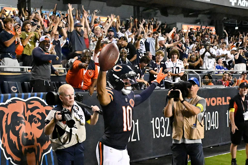 Aug 17, 2025; Chicago, Illinois, USA; Chicago Bears wide receiver Tyler Scott (10) celebrates after he scores a touchdown during the first half against the Buffalo Bills at Soldier Field. Mandatory Credit: Matt Marton-Imagn Images