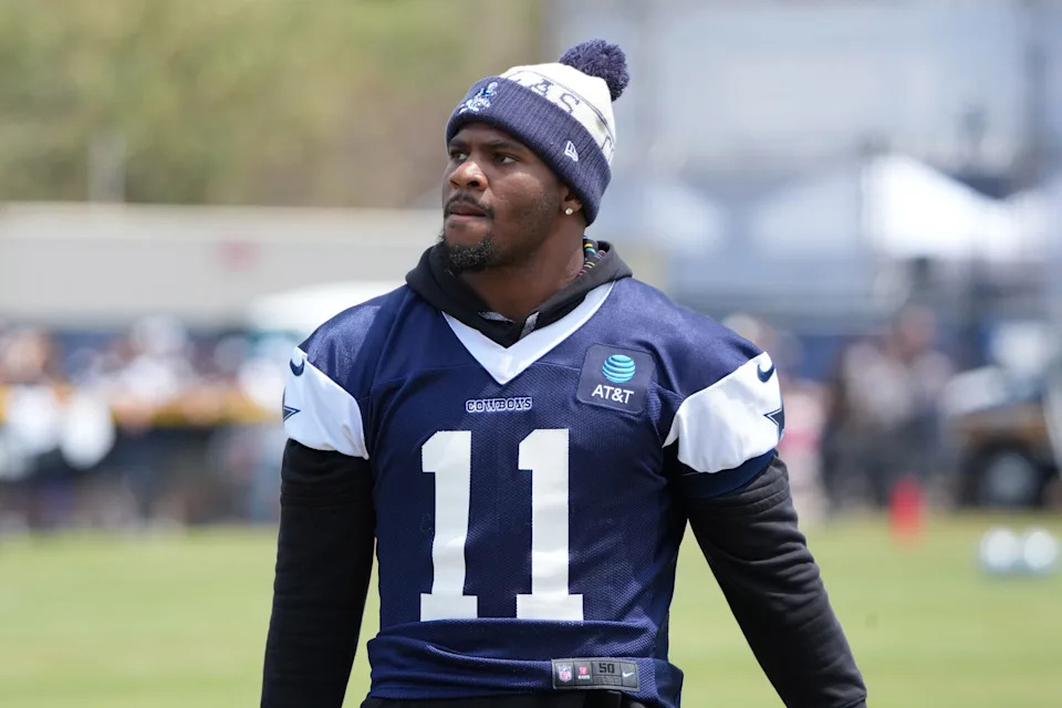 Jul 26, 2025; Oxnard, CA, USA; Dallas Cowboys defensive end Micah Parsons (11) at training camp at the River Ridge Fields. Mandatory Credit: Kirby Lee-Imagn Images