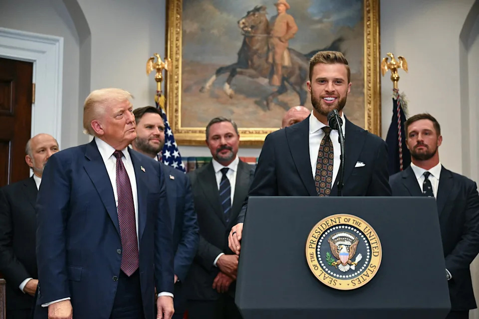 President Donald Trump appeared noticeably shorter than Kansas City Chiefs kicker Harrison Butker, even accounting for distortion from camera angles. / Jim Watson/Getty Images