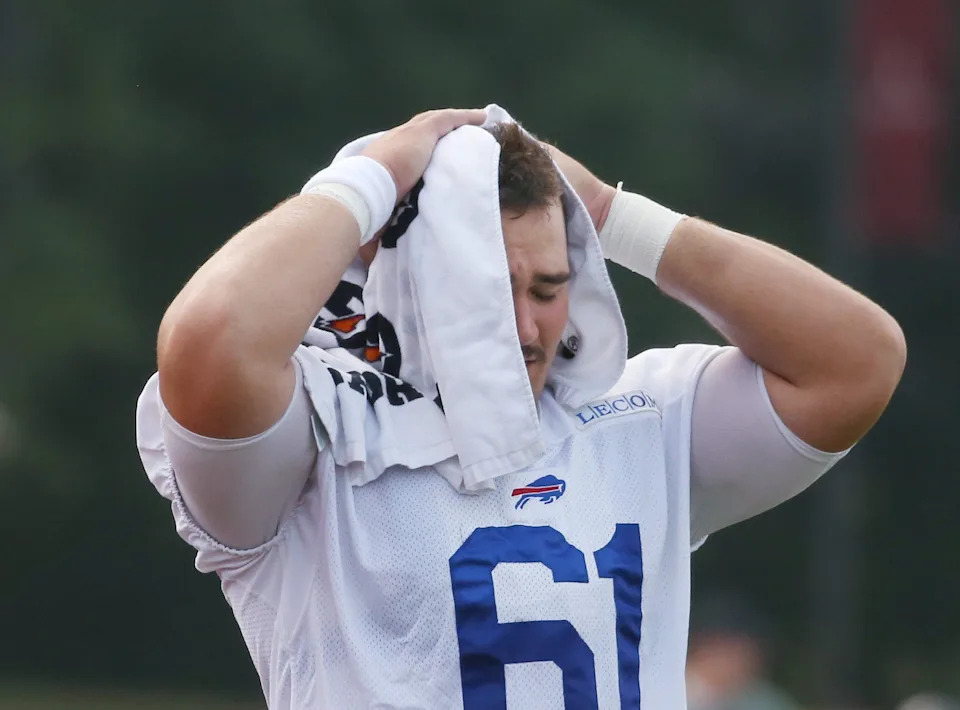 Bills offensive lineman Jacob Bayer towels down between drills during the final day of Buffalo Bills training camp at St. John Fisher University Thursday, August 7, 2025 in Pittsford, NY.