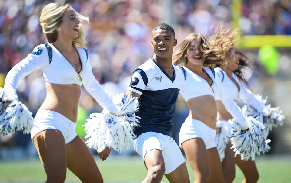 Los Angeles Rams cheerleader Napoleon Jinnies dances during the game against the Arizona Cardinals at Los Angeles Memorial Coliseum on September 16, 2018 in Los Angeles, California