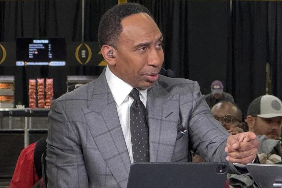 Jan 20, 2025; Atlanta, GA, USA; ESPN personality Stephen A. Smith on the ESPN First Take set at the CFP Fan Central at the George World Congress Center.Kirby Lee-Imagn Images.