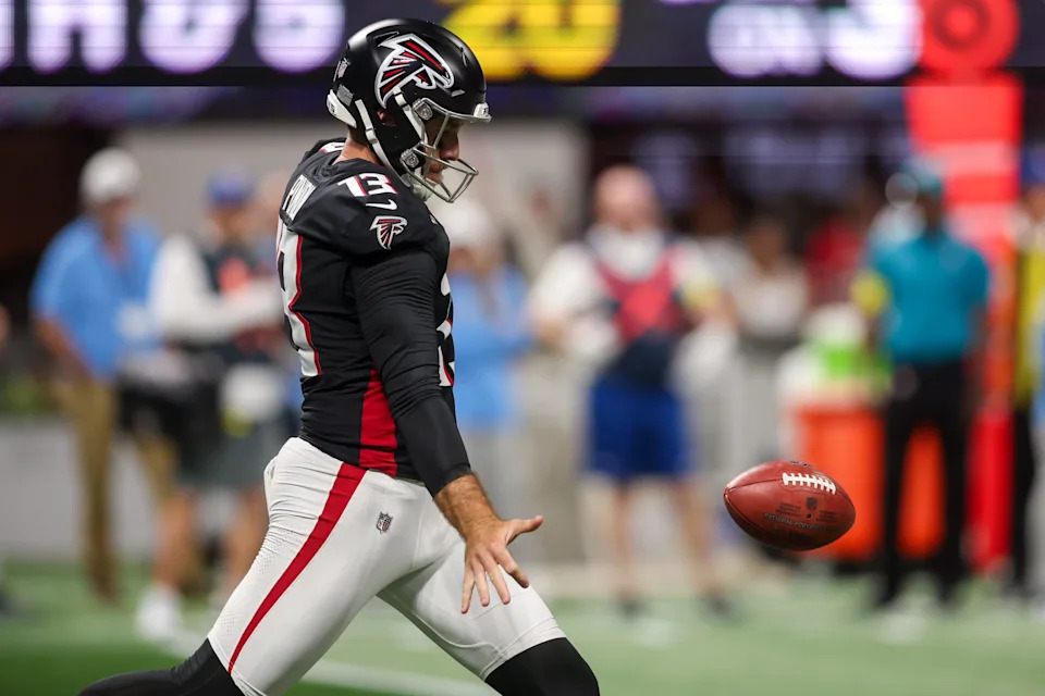 Aug 15, 2025; Atlanta, Georgia, USA; Atlanta Falcons punter Bradley Pinion (13) punts against the Tennessee Titans in the second quarter at Mercedes-Benz Stadium. Mandatory Credit: Brett Davis-Imagn Images