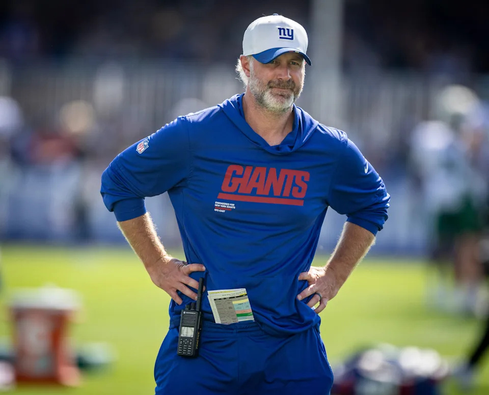 New York Giants defensive coordinator Shane Bowen during a joint training camp practice with the New York Jets, Wednesday, August 13, 2025, in East Rutherford, N.J.