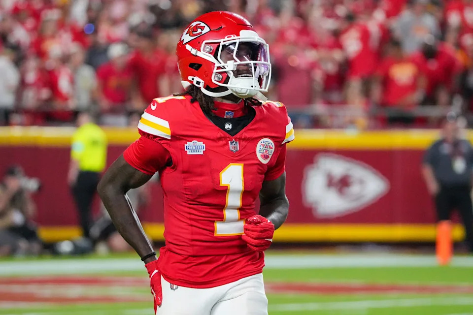 Sep 5, 2024; Kansas City, Missouri, USA; Kansas City Chiefs wide receiver Xavier Worthy (1) returns to the sidelines after a play against the Baltimore Ravens during the second half at GEHA Field at Arrowhead Stadium. Mandatory Credit: Denny Medley-Imagn Images