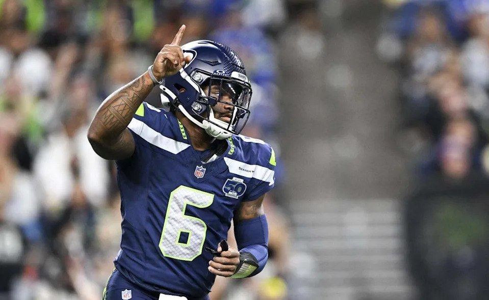 Seahawks rookie quarterback Jalen Milroe (6) runs off after a play during the third quarter of the NFL preseason game against the Las Vegas Raiders at Lumen Field, on Thursday, Aug. 7, 2025, in Seattle.
