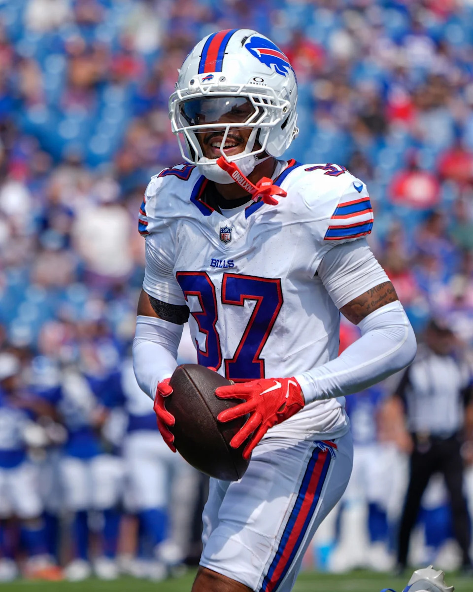 Aug 9, 2025; Orchard Park, New York, USA; Buffalo Bills defensive back Jordan Hancock (37) reacts to intercepting a pass against the New York Giants only to have it nullified by a penalty during the second half at Highmark Stadium. Mandatory Credit: Gregory Fisher-Imagn Images