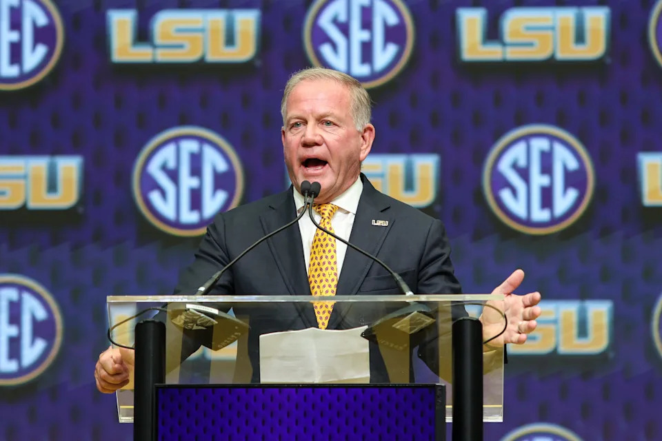 LSU Tigers head coach Brian Kelly talks to the media
