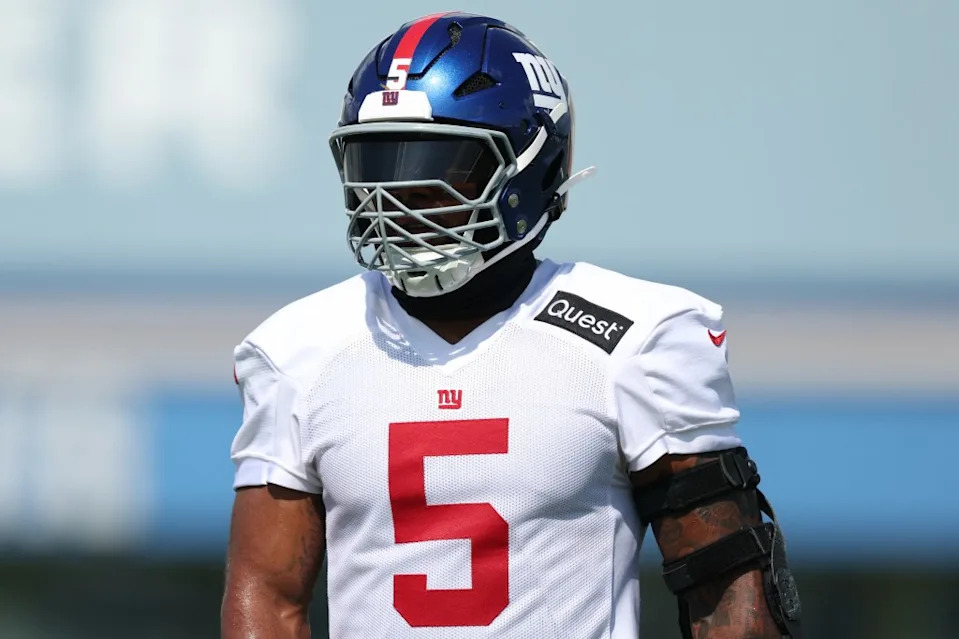 New York Giants linebacker Kayvon Thibodeaux (5) on the field during training camp at Quest Diagnostics Training Center. IMAGN IMAGES via Reuters Connect