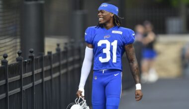 Buffalo Bills cornerback Maxwell Hairston (31) walks to the field before practice at the team's NFL football training camp, Sunday, July 27, 2025, in Pittsford, N.Y. (AP Photo/Adrian Kraus)