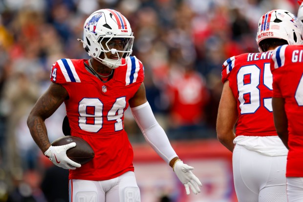 New England Patriots wide receiver Kendrick Bourne reacts during the second half of an NFL game against the Houston Texans, Sunday, Oct. 13, 2024, in Foxboro. (AP Photo/Greg M. Cooper)