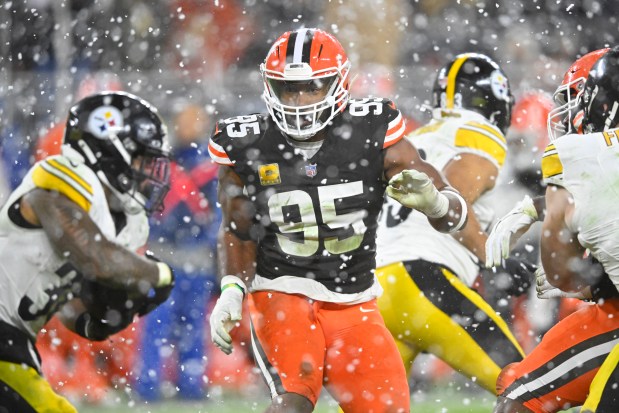 Cleveland Browns defensive end Myles Garrett (95) defends during an NFL football game against the Pittsburgh Steelers, Thursday, Nov. 21, 2024, in Cleveland. The Browns won 24-19. (AP Photo/David Richard)