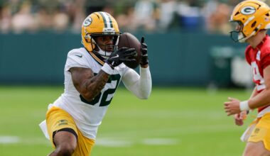 Green Bay Packers' running back MarShawn Lloyd runs a drill durning an NFL football practice Wednesday, July 23, 2025, in Green Bay, Wis. (AP Photo/Matt Ludtke)