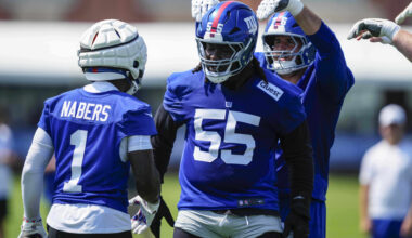 Giants' tackle James Hudson III leaves practice, Malik Nabers managed