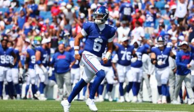 Giants QB Jaxson Dart throws touchdown in debut vs. Bills