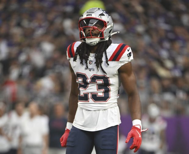 New England Patriots safety Kyle Dugger lines up against the Minnesota Vikings during a preseason NFL game Saturday, Aug. 16 in Minneapolis. (AP Photo/Craig Lassig)