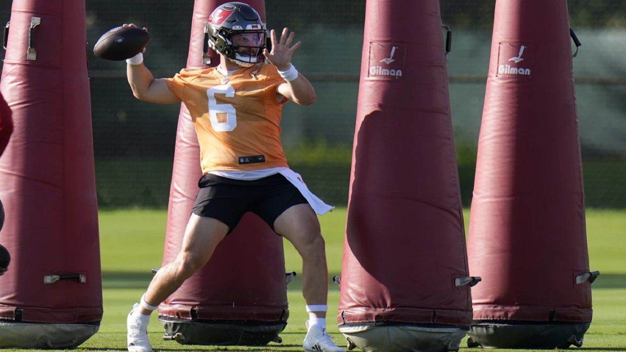Tampa Bay Buccaneers quarterback Baker Mayfield throws a pass during this week's training camp practices at One Buc Place in Tampa. (AP Photo/Chris O'Meara)