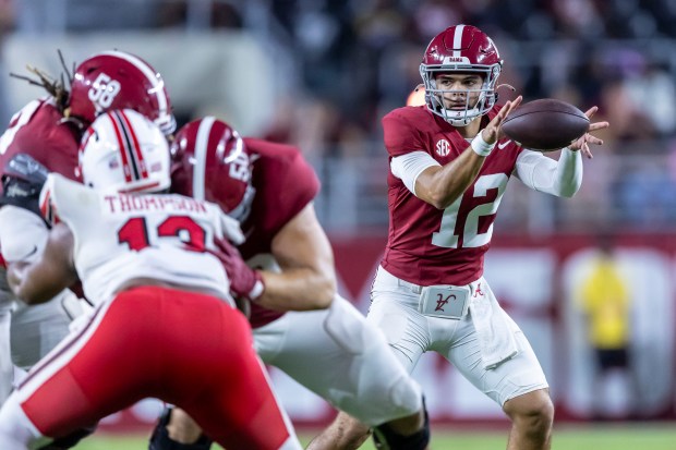 Another UConn opponent with a transfer quarterback is Boston College, who welcome in former Alabama QB Dylan Lonergan to run the offense. (AP Photo/Vasha Hunt, File)