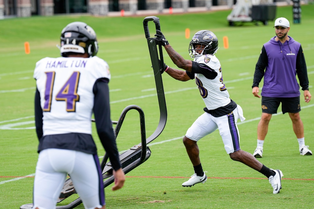 Baltimore Ravens cornerback Keyon Martin (38) runs a drill during the team’s training camp at the Under Armour Performance Center in Owings Mills, Md. on Tuesday, August 19, 2025.