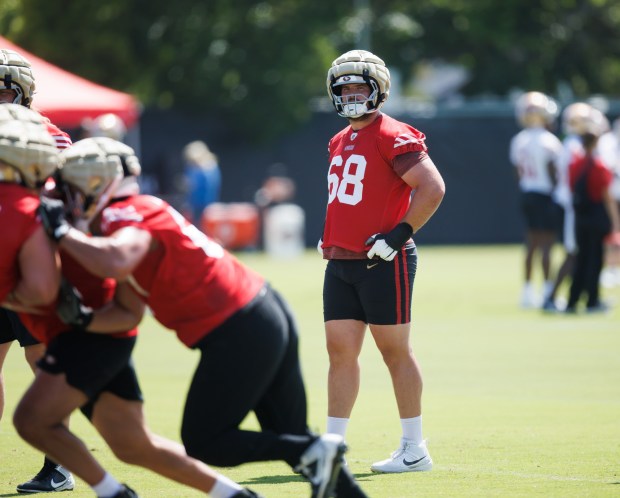 San Francisco 49ers' Colton McKivitz (68) practices at the San Francisco 49ers' practice facility in Santa Clara, Calif., on Wednesday, June 11, 2025. (Dai Sugano/Bay Area News Group)