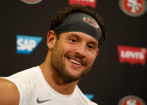 San Francisco 49ers' Nick Bosa (97) speaks to the media after the first day of training camp at Levi's Stadium in Santa Clara, Calif., on Wednesday, July 23, 2025. (Nhat V. Meyer/Bay Area News Group)