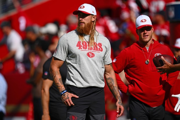 San Francisco 49ers' George Kittle (85) walks on the field during warm-ups before their NFL preseason game at Levi's Stadium in Santa Clara, Calif., on Saturday, Aug. 9, 2025. (Jose Carlos Fajardo/Bay Area News Group)