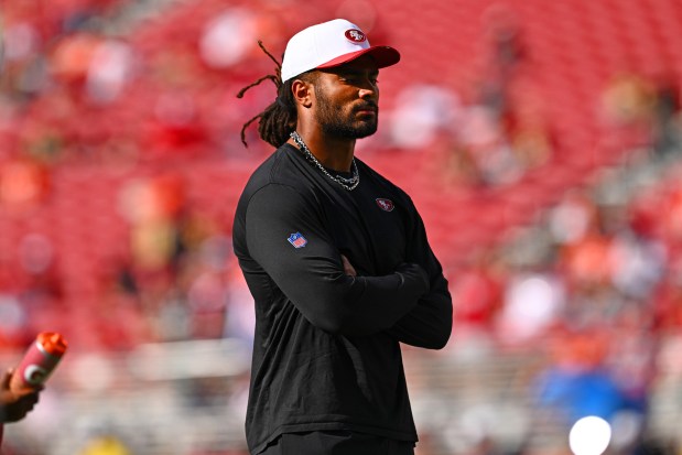 San Francisco 49ers' Fred Warner (54) stands on the field during warm-ups before their NFL preseason game at Levi's Stadium in Santa Clara, Calif., on Saturday, Aug. 9, 2025. (Jose Carlos Fajardo/Bay Area News Group)