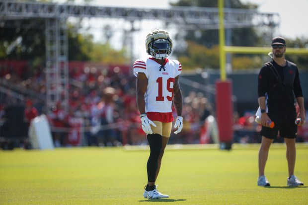 San Francisco 49ers' wide receiver Jacob Cowing stands during practice at Levi's Stadium in Santa Clara, Calif., on Tuesday, Aug. 12, 2025. (Shae Hammond/Bay Area News Group)