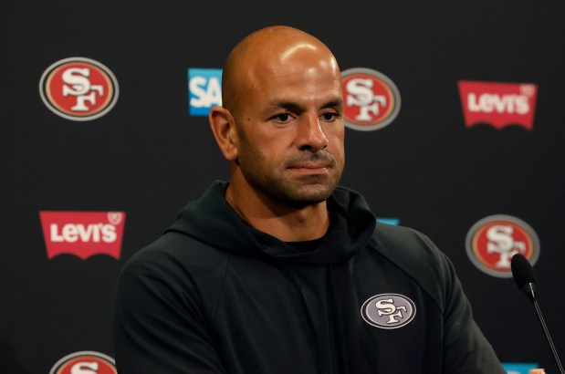 Robert Saleh, defensive coordinator for the San Francisco 49ers, speaks during a press conference at Levi's Stadium in Santa Clara, Calif., on Tuesday, Aug. 12, 2025. (Shae Hammond/Bay Area News Group)